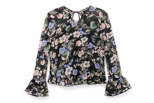 Front view of Boohoo women’s multicoloured floral polyester basic blouse, size UK 8, round neck - semi sheer frill
