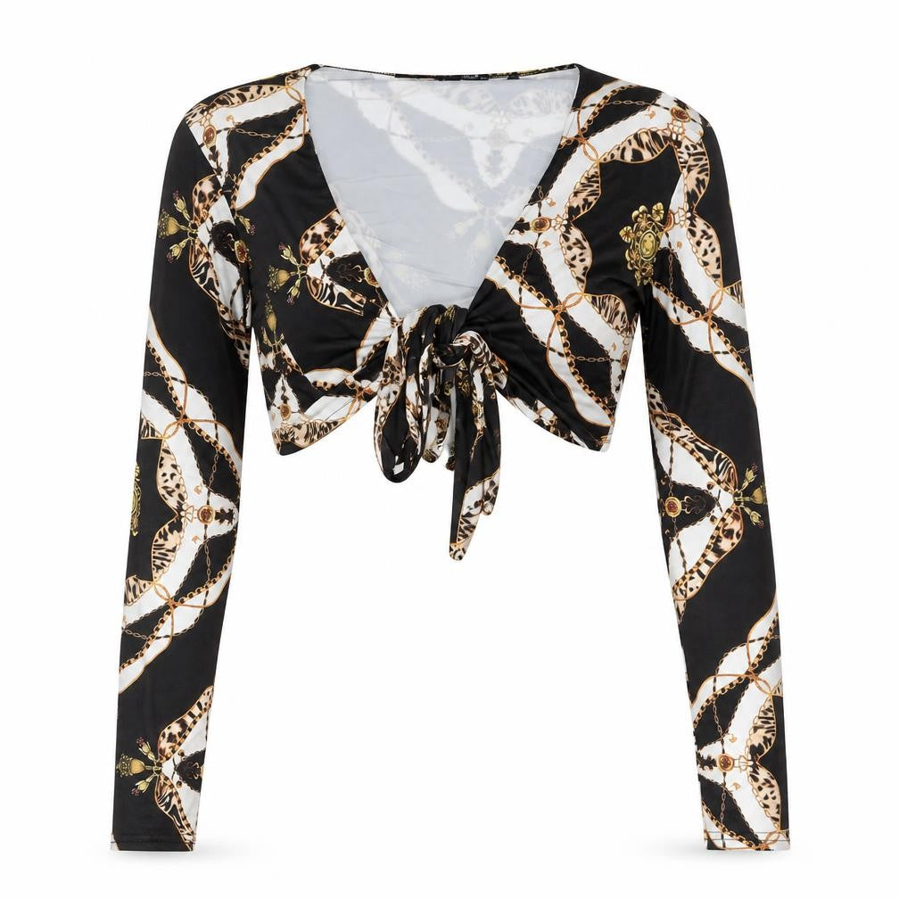Front view of Misspap women’s multicoloured geometric polyester cropped blouse, size UK 8, v-neck