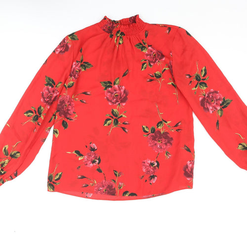 Dorothy Perkins Womens Red Floral Polyester Basic Blouse Size 12 Mock Neck