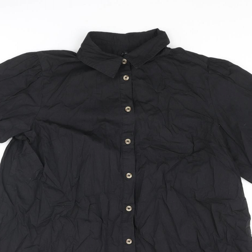River Island Womens Black Cotton Shirt Dress Size 14 Collared Button