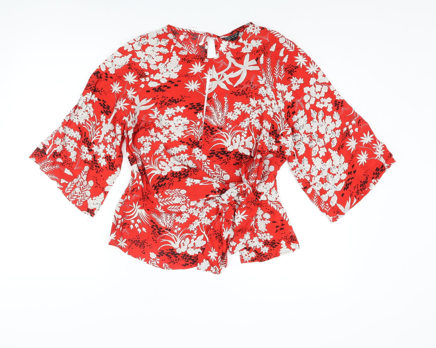 Topshop Womens Red Floral Viscose Basic Blouse Size 8 Round Neck - Keyhole Neck