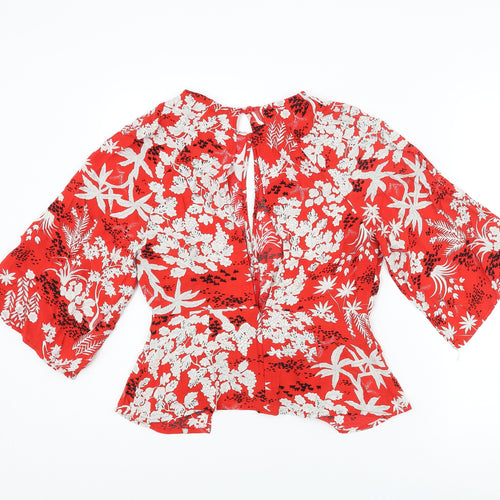 Topshop Womens Red Floral Viscose Basic Blouse Size 8 Round Neck - Keyhole Neck