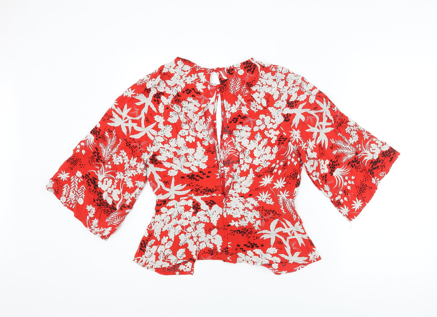 Topshop Womens Red Floral Viscose Basic Blouse Size 8 Round Neck - Keyhole Neck