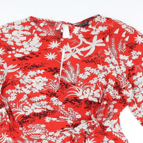 Topshop Womens Red Floral Viscose Basic Blouse Size 8 Round Neck - Keyhole Neck