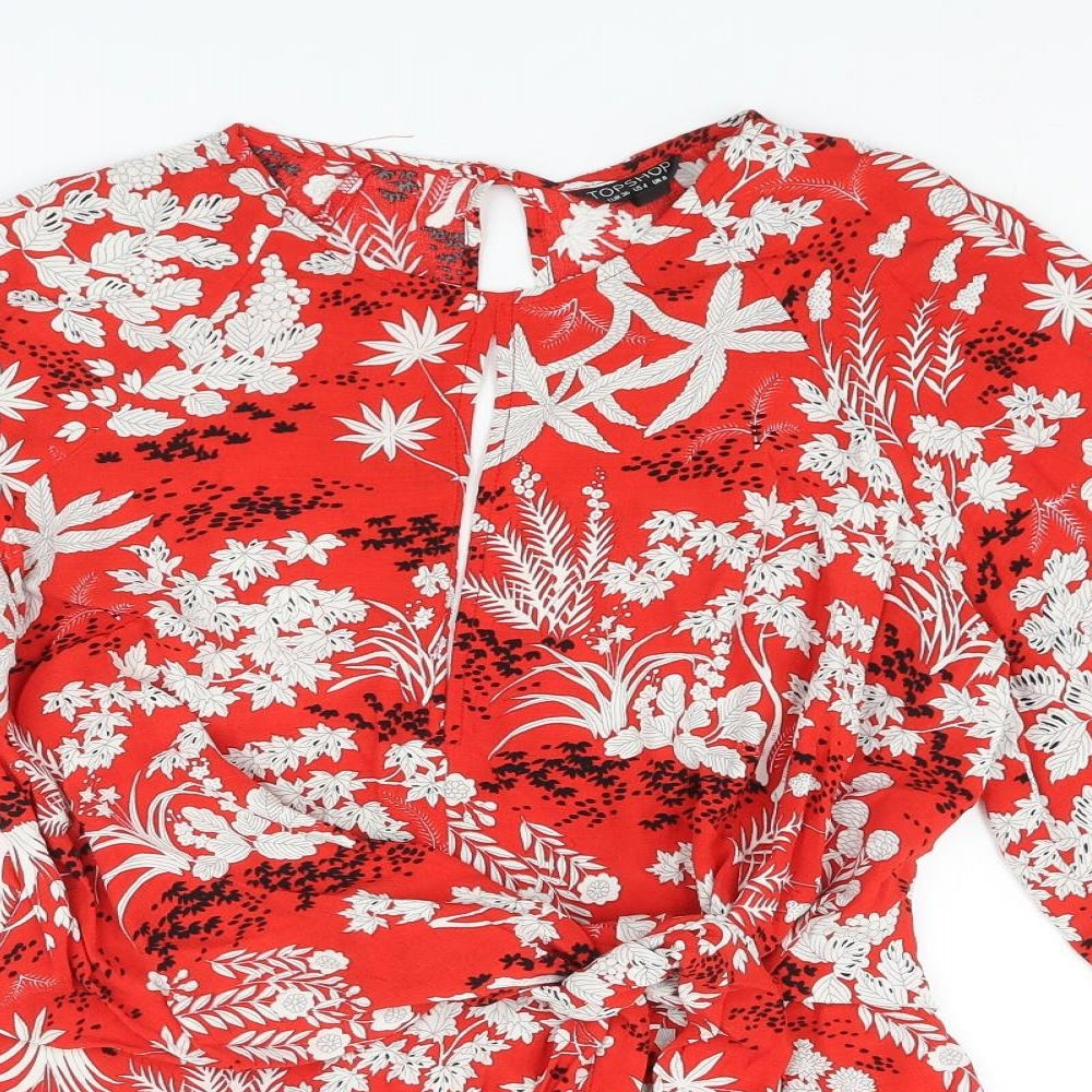 Topshop Womens Red Floral Viscose Basic Blouse Size 8 Round Neck - Keyhole Neck