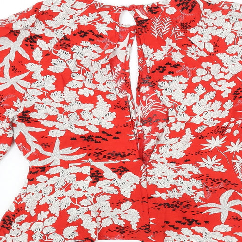 Topshop Womens Red Floral Viscose Basic Blouse Size 8 Round Neck - Keyhole Neck
