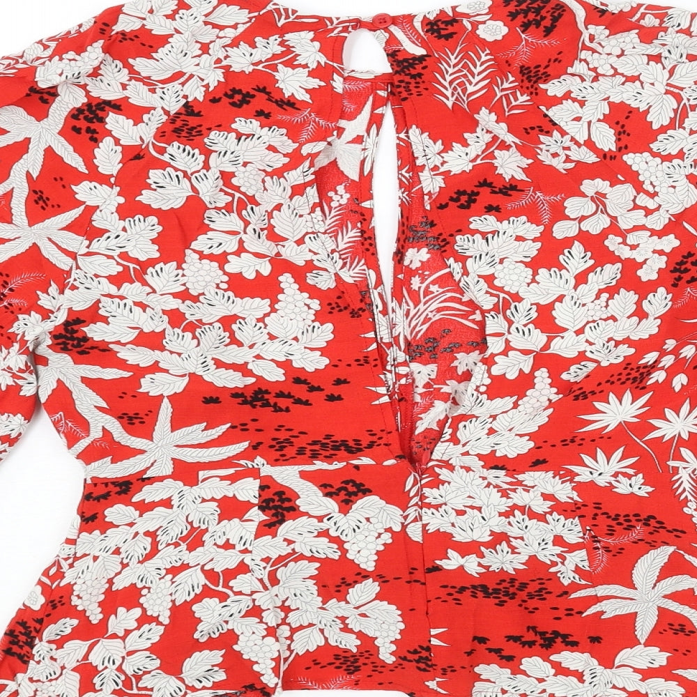 Topshop Womens Red Floral Viscose Basic Blouse Size 8 Round Neck - Keyhole Neck