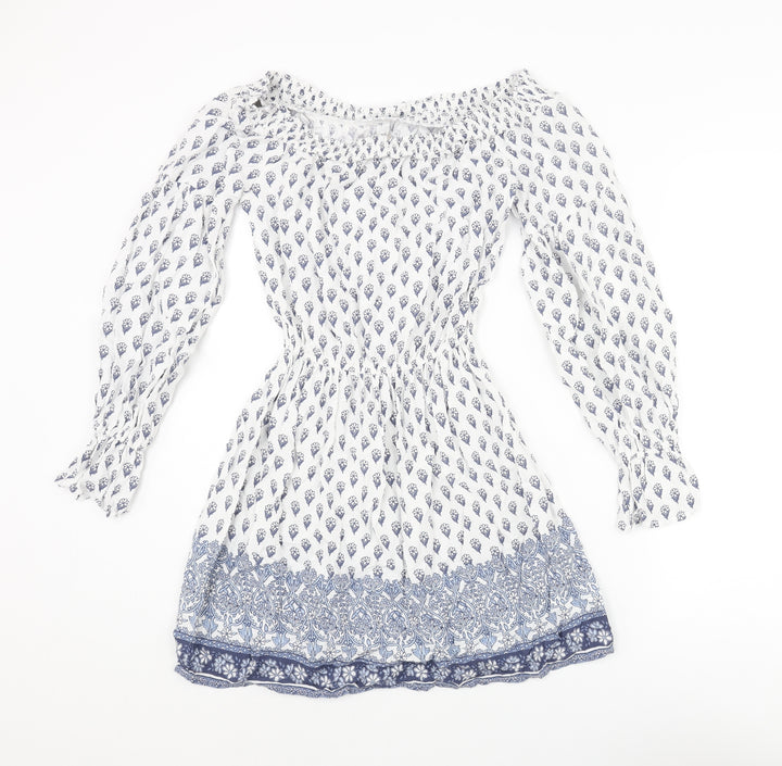 Hollister Womens White Geometric Viscose A-Line Size S Boat Neck Pullover - Floral Print