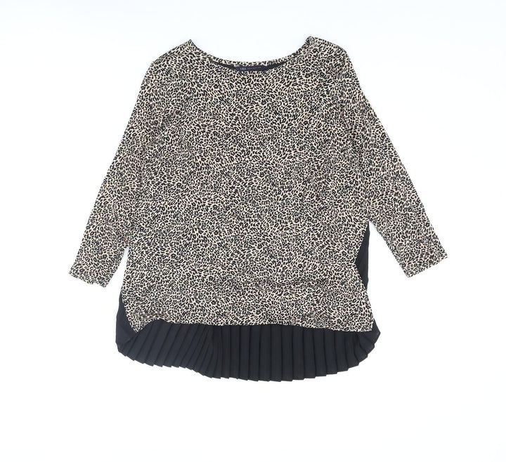 Marks and Spencer Womens Beige Viscose Basic Blouse Size 8 Round Neck - Leopard Print Pleated