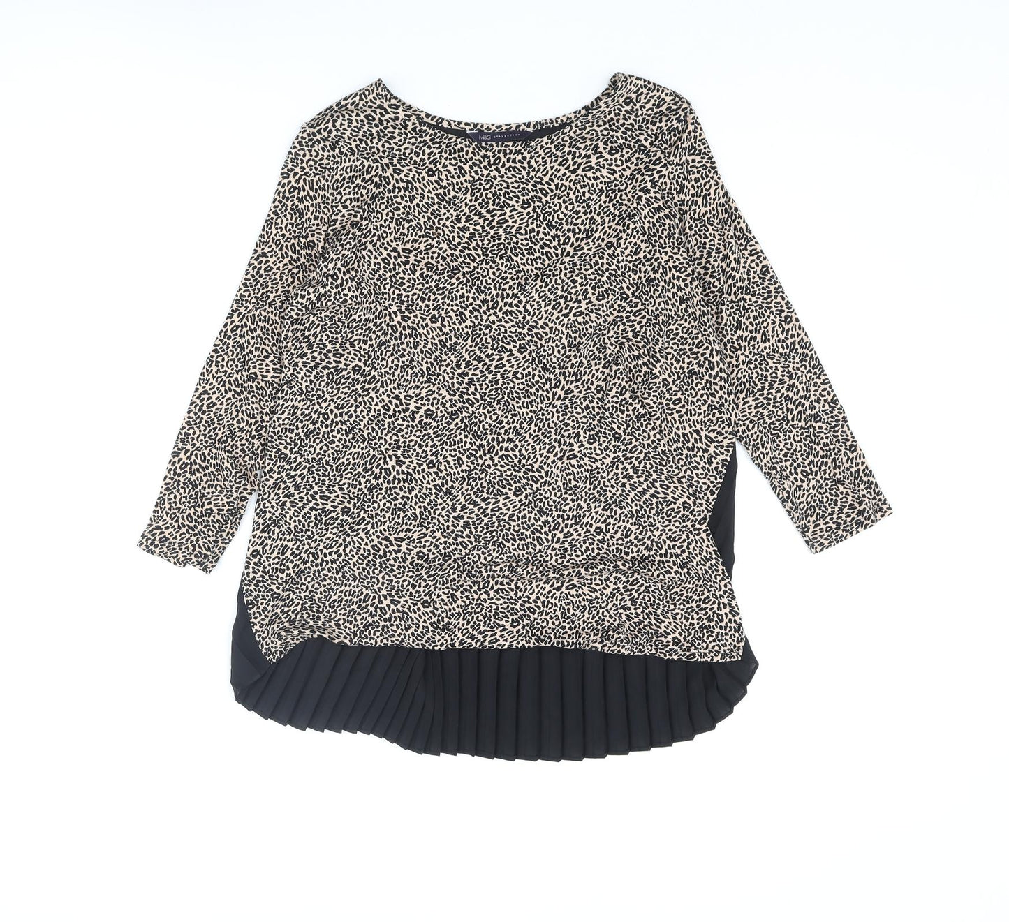 Marks and Spencer Womens Beige Viscose Basic Blouse Size 8 Round Neck - Leopard Print Pleated