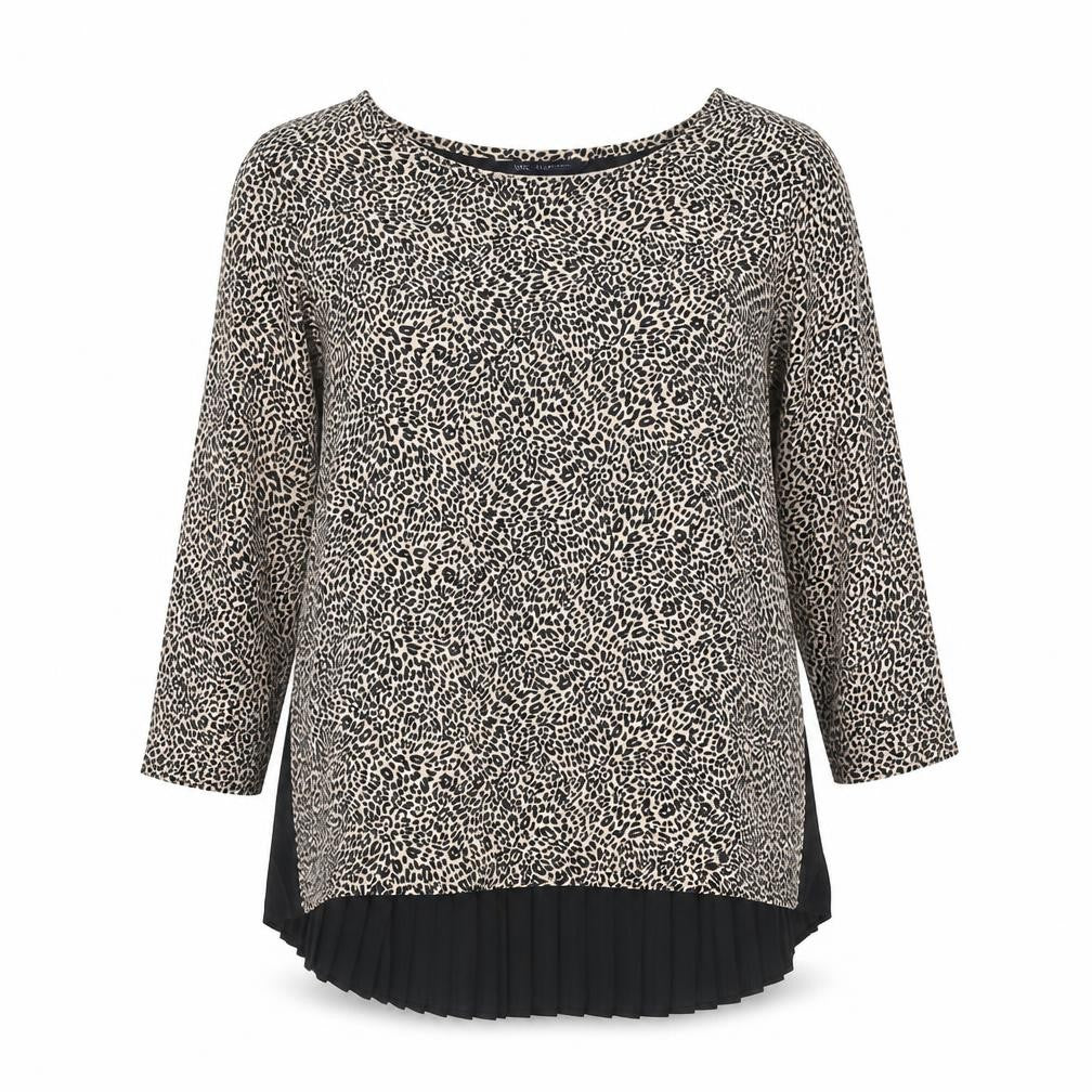 Front view of Marks & Spencer women’s beige viscose basic blouse, size UK 8, round neck - leopard print pleated