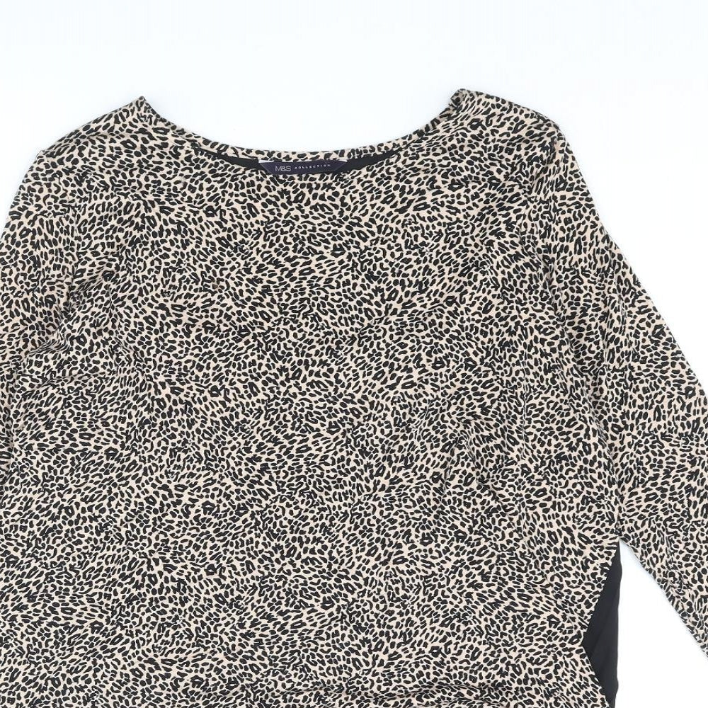 Marks and Spencer Womens Beige Viscose Basic Blouse Size 8 Round Neck - Leopard Print Pleated