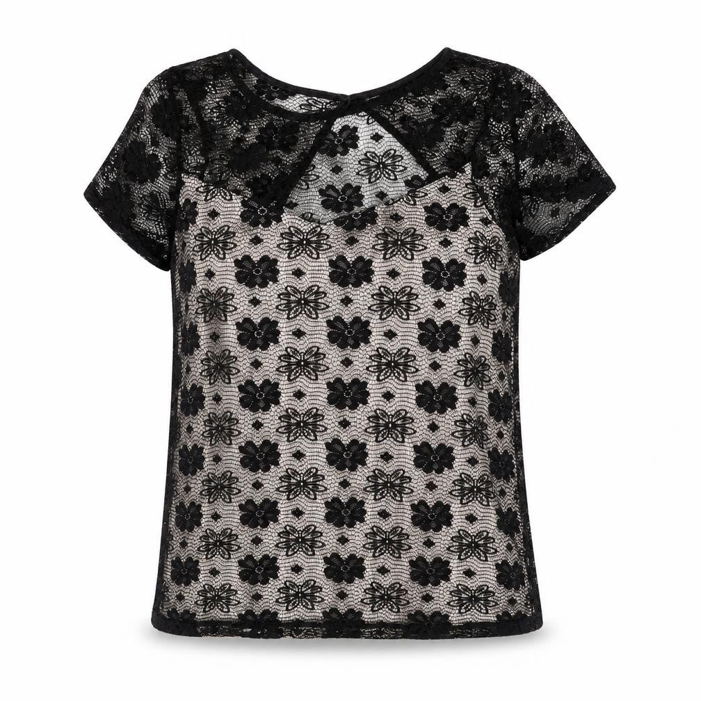 Front view of Dorothy Perkins women’s black polyester basic blouse, size UK 12, round neck - cut out detail