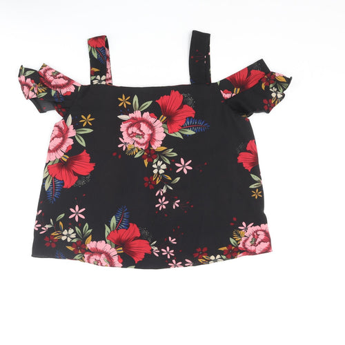 Quiz Womens Black Floral Polyester Basic Blouse Size 12 Square Neck - Cold Shoulder