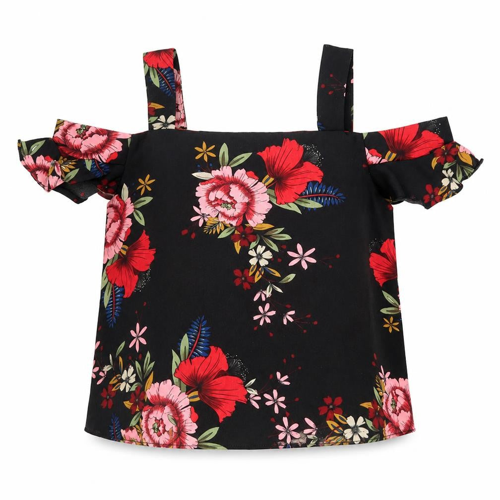 Front view of Quiz women’s black floral polyester basic blouse, size UK 12, square neck - cold shoulder