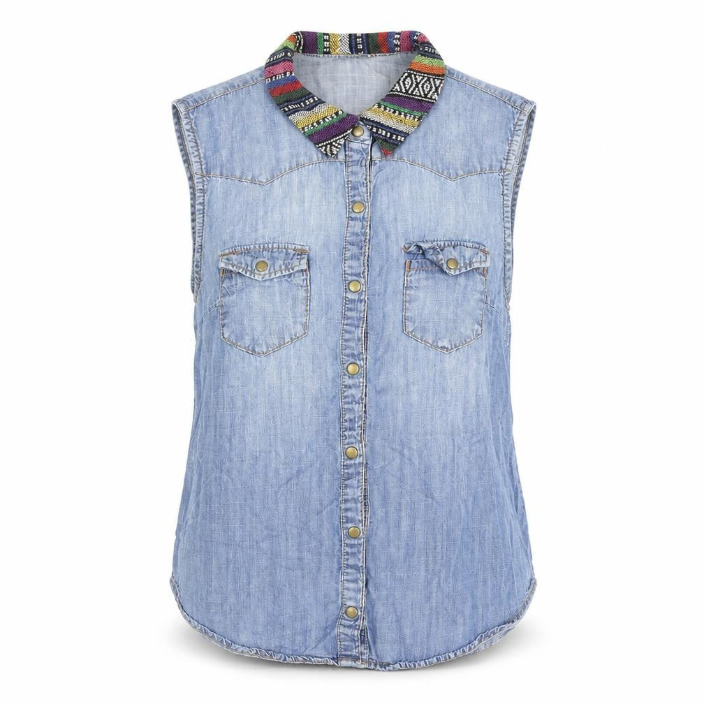 Front view of Life In Progress women’s blue cotton basic blouse, size S, collared