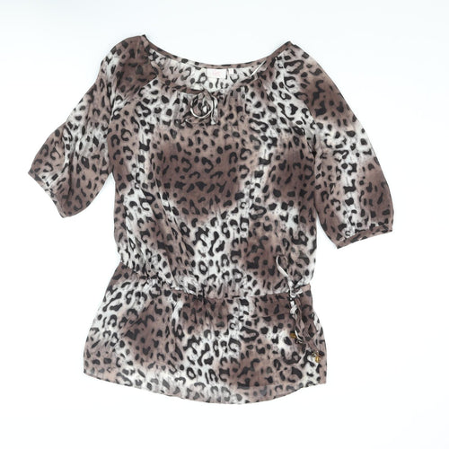 NEXT Womens Brown Animal Print Polyester Tunic Blouse Size 10 Boat Neck - Leopard Print Drawstring