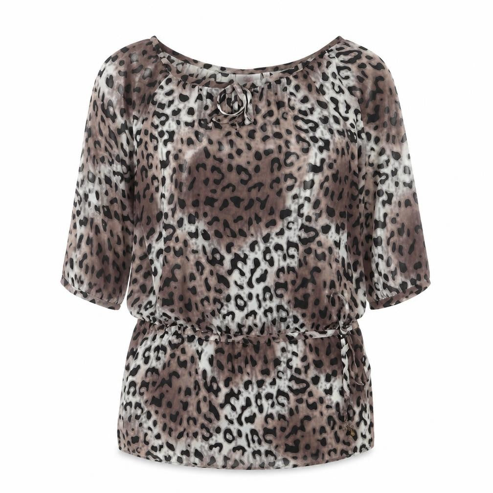 Front view of Next women’s brown animal print polyester tunic blouse, size UK 10, boat neck - leopard print drawstring