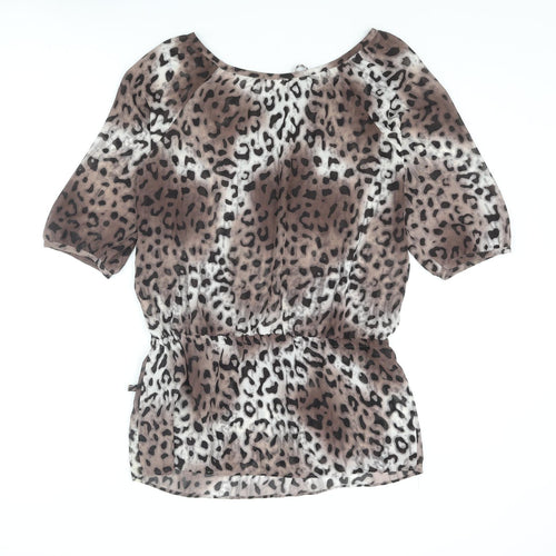 NEXT Womens Brown Animal Print Polyester Tunic Blouse Size 10 Boat Neck - Leopard Print Drawstring