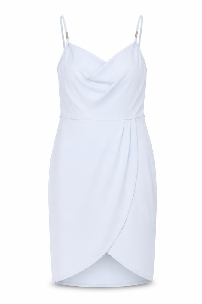 Front view of Miss Selfridge women’s blue polyester shift, size UK 14, collared pullover - wrap style