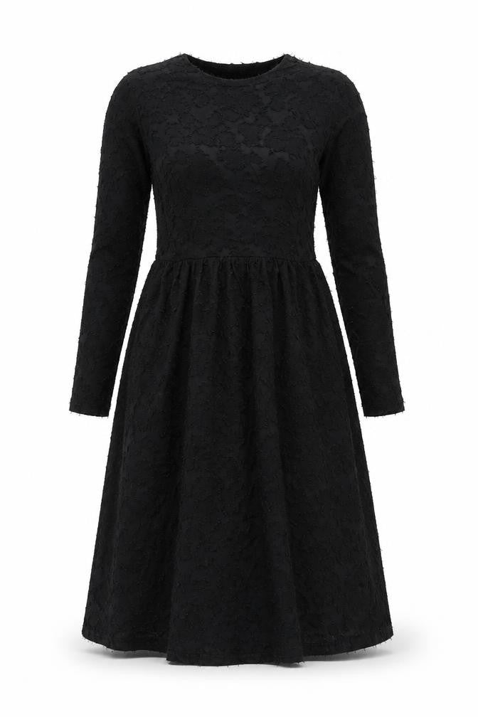 Front view of JDY women’s black polyester a-line, size S, round neck pullover - textured