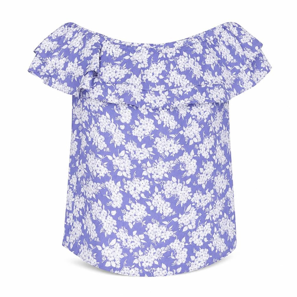 Front view of Oasis women’s blue floral polyester basic blouse, size UK 10, boat neck - frill