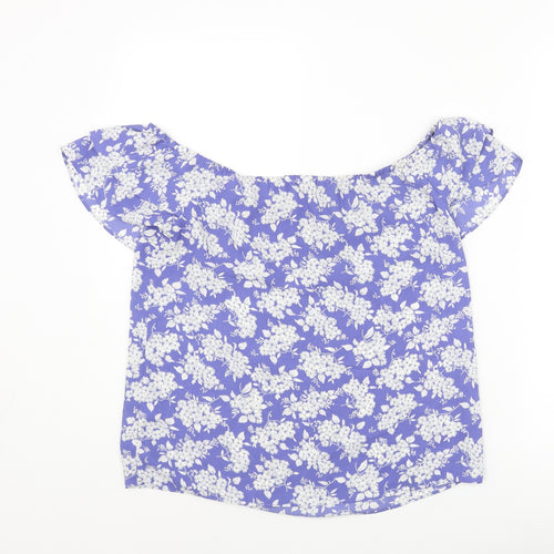Oasis Womens Blue Floral Polyester Basic Blouse Size 10 Boat Neck - Frill