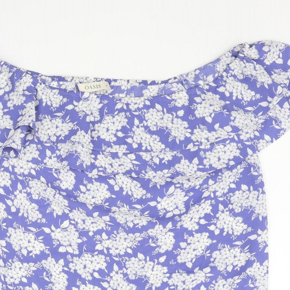 Oasis Womens Blue Floral Polyester Basic Blouse Size 10 Boat Neck - Frill