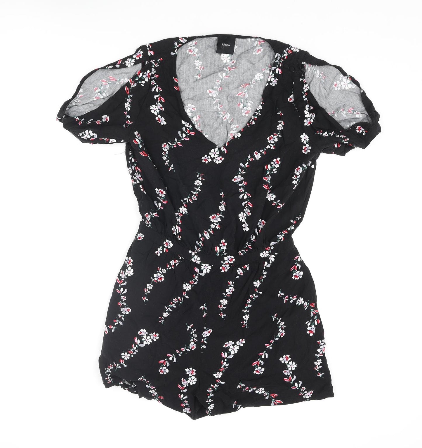 Idano Womens Black Floral Viscose Playsuit One-Piece Size 8 Pullover - Cold Shoulder