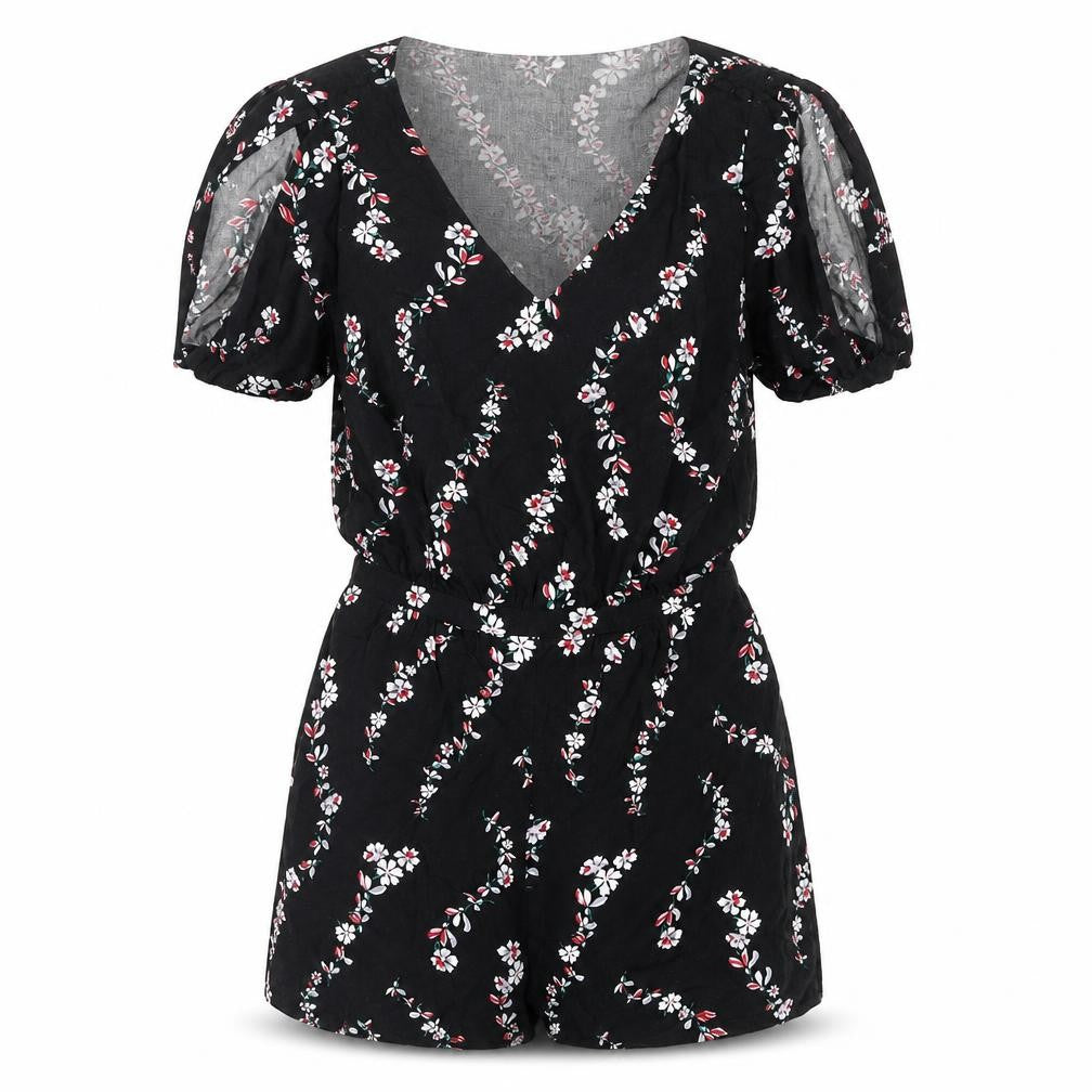 Front view of Idano women’s black floral viscose playsuit one-piece, size UK 8, pullover - cold shoulder