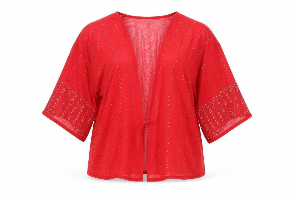 Front view of Next women’s red polyester kimono blouse, size UK 12, v-neck - rhinestone detail