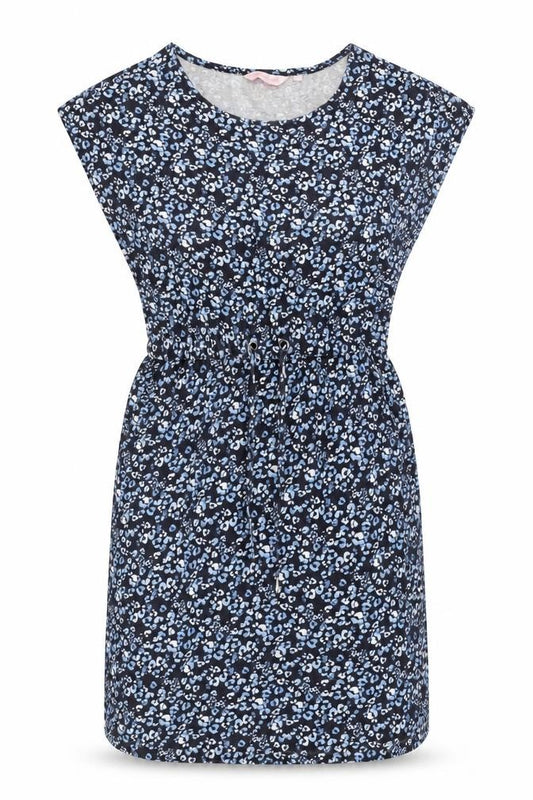 Front view of Baand Angels women’s blue animal print cotton shift, round neck pullover - leopard print drawstring waist