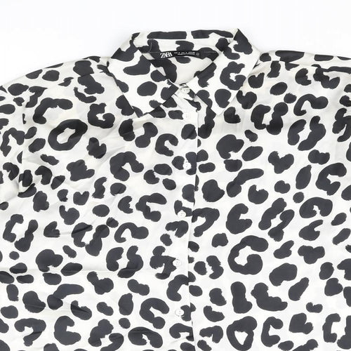 Zara Womens Ivory Animal Print Polyester Basic Blouse Size S V-Neck - Leopard Print