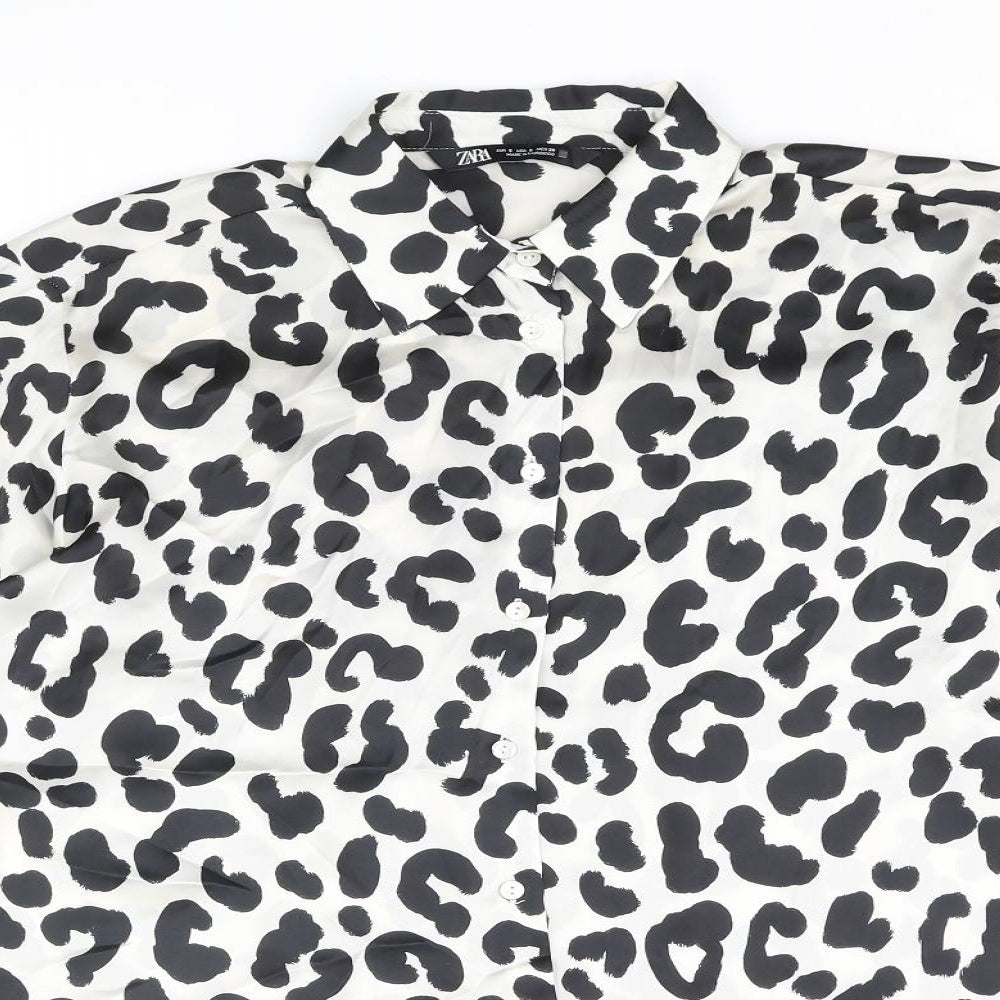 Zara Womens Ivory Animal Print Polyester Basic Blouse Size S V-Neck - Leopard Print