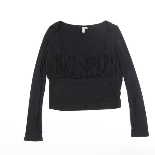 ASOS Womens Black Cotton Basic Blouse Size 12 Scoop Neck - Rouched Mesh Sleeve