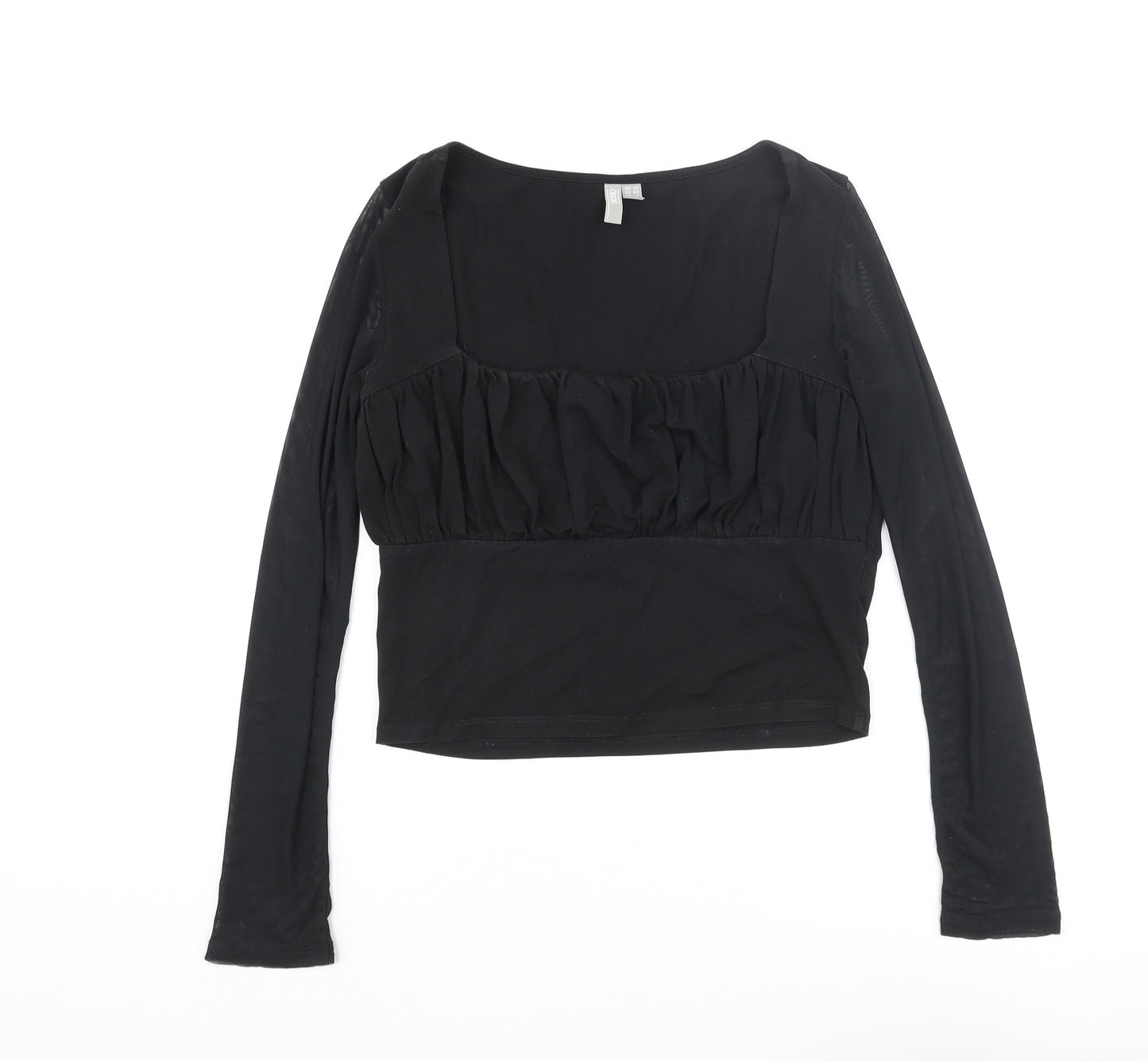 ASOS Womens Black Cotton Basic Blouse Size 12 Scoop Neck - Rouched Mesh Sleeve