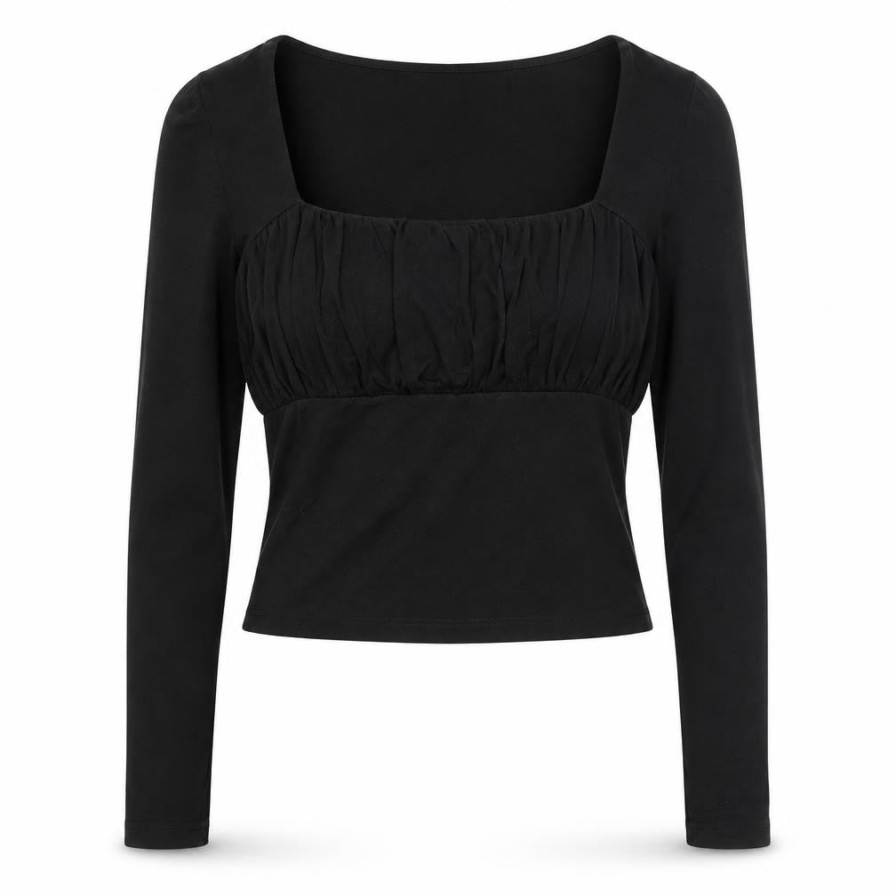 Front view of ASOS women’s black cotton basic blouse, size UK 12, scoop neck - rouched mesh sleeve
