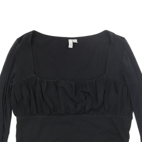 ASOS Womens Black Cotton Basic Blouse Size 12 Scoop Neck - Rouched Mesh Sleeve
