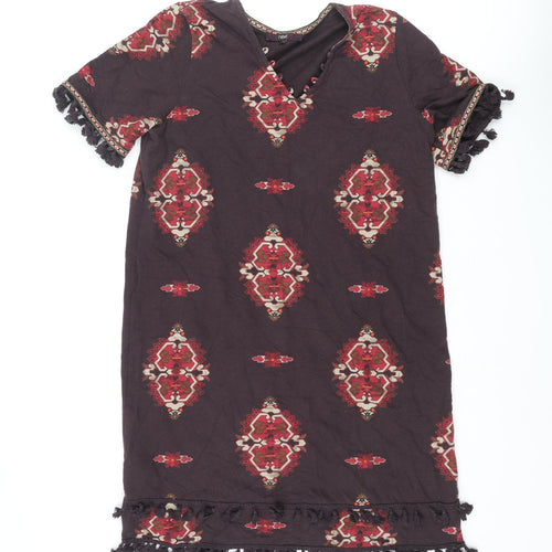 NEXT Womens Brown Geometric Cotton Shift Size 16 V-Neck Pullover - Tassle