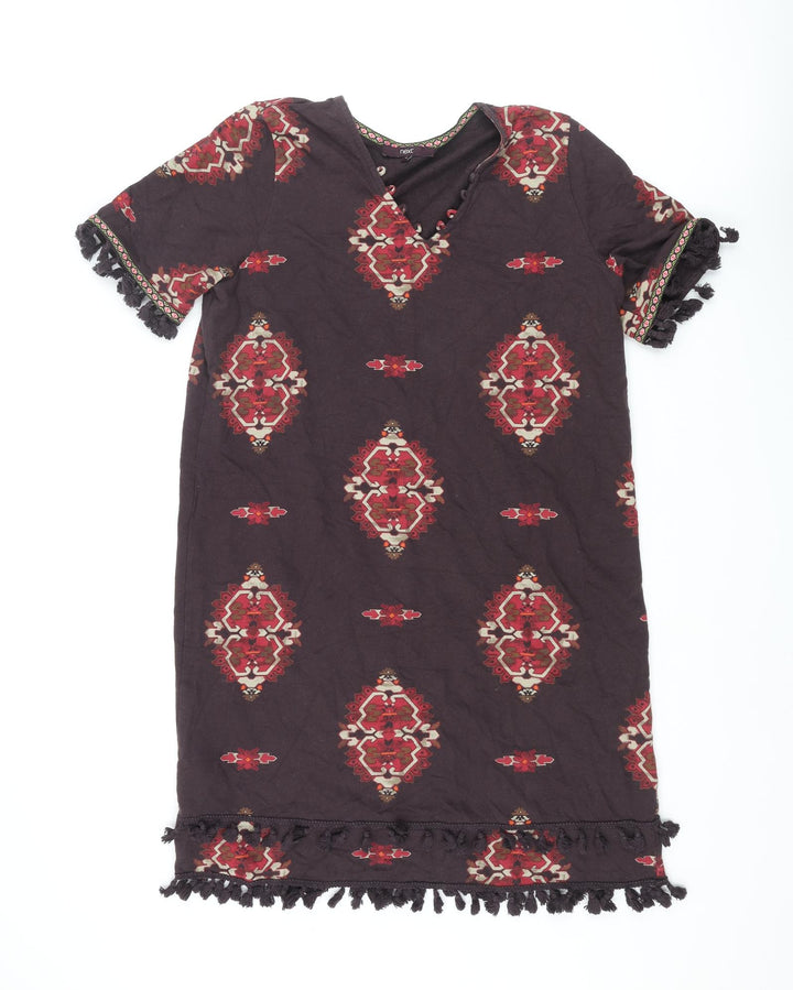 NEXT Womens Brown Geometric Cotton Shift Size 16 V-Neck Pullover - Tassle