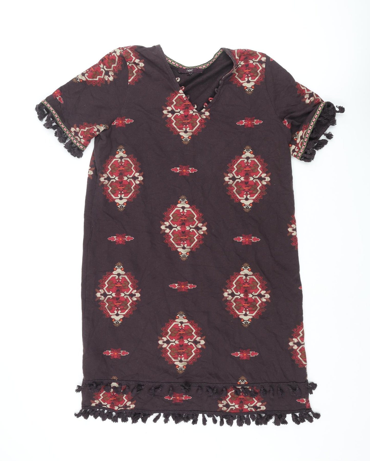 NEXT Womens Brown Geometric Cotton Shift Size 16 V-Neck Pullover - Tassle