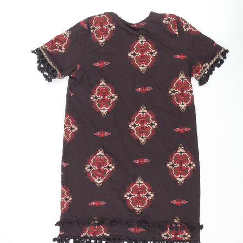 NEXT Womens Brown Geometric Cotton Shift Size 16 V-Neck Pullover - Tassle