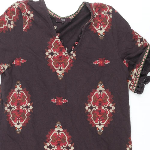 NEXT Womens Brown Geometric Cotton Shift Size 16 V-Neck Pullover - Tassle