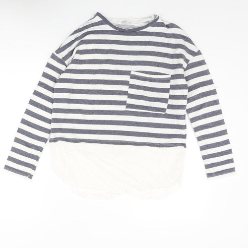 Shana Womens Blue Striped Cotton Basic Blouse Size M Round Neck - Layered