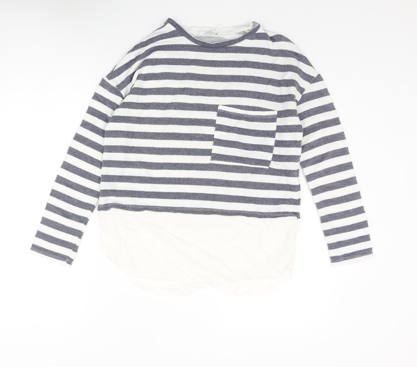 Shana Womens Blue Striped Cotton Basic Blouse Size M Round Neck - Layered