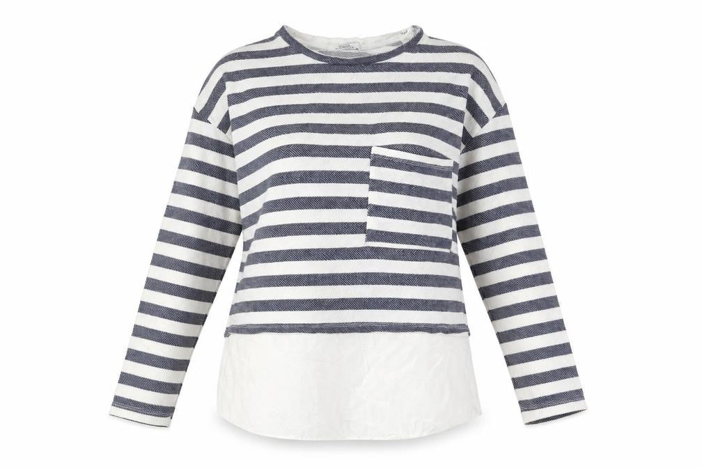 Front view of Shana women’s blue striped cotton basic blouse, size M, round neck - layered