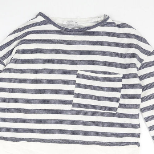Shana Womens Blue Striped Cotton Basic Blouse Size M Round Neck - Layered
