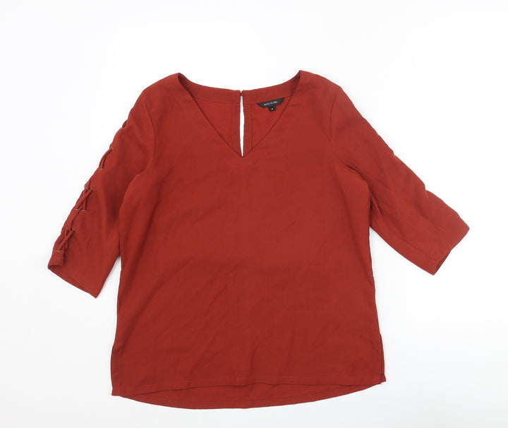 River Island Womens Red Polyester Basic Blouse Size 8 V-Neck - Lace Up Sleeve