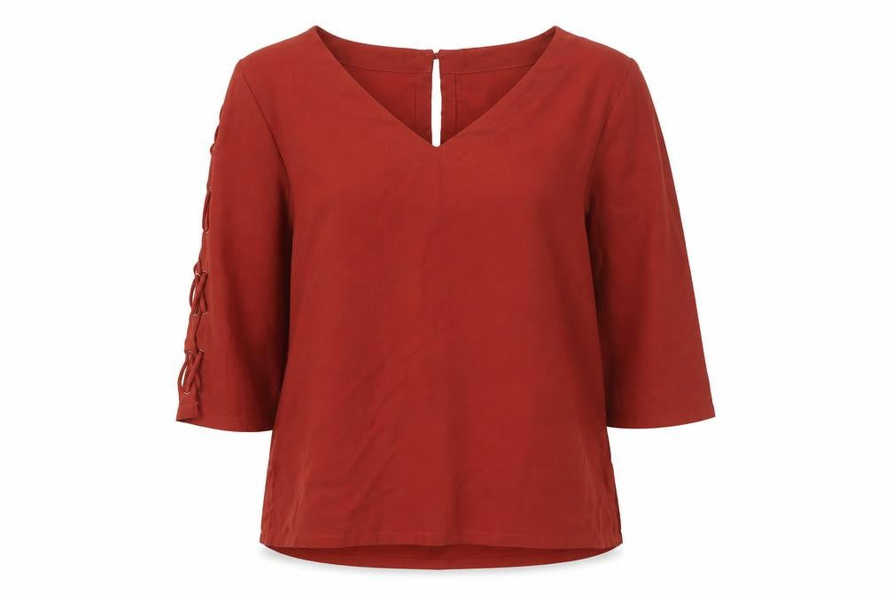 Front view of River Island women’s red polyester basic blouse, size UK 8, v-neck - lace up sleeve