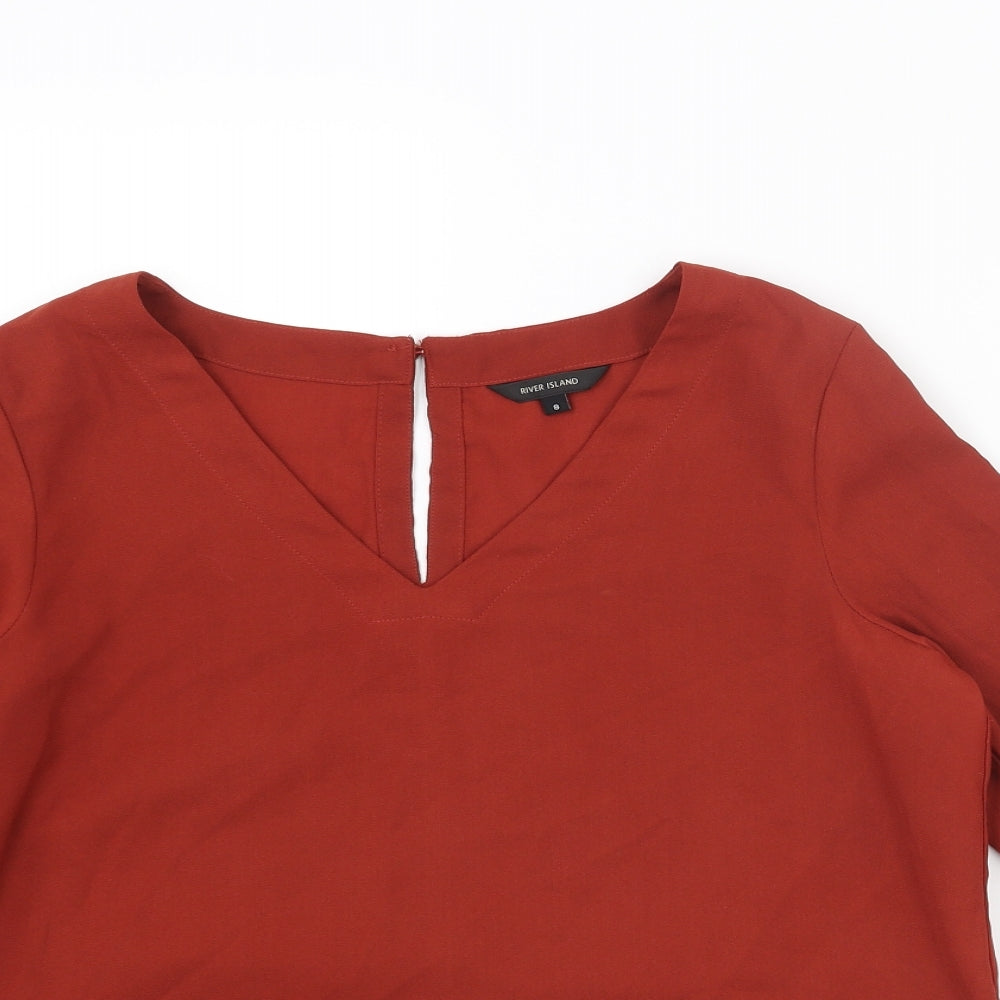 River Island Womens Red Polyester Basic Blouse Size 8 V-Neck - Lace Up Sleeve
